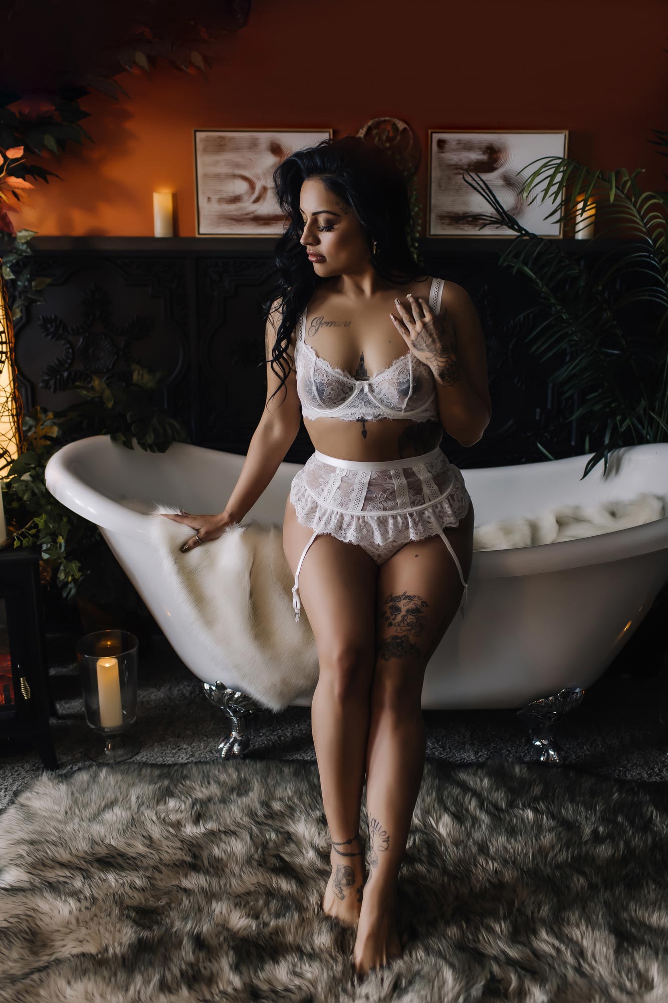 Brunette Leaning Against Tub In White Lingerie Brunette Leaning Against Tub In White Lingerie