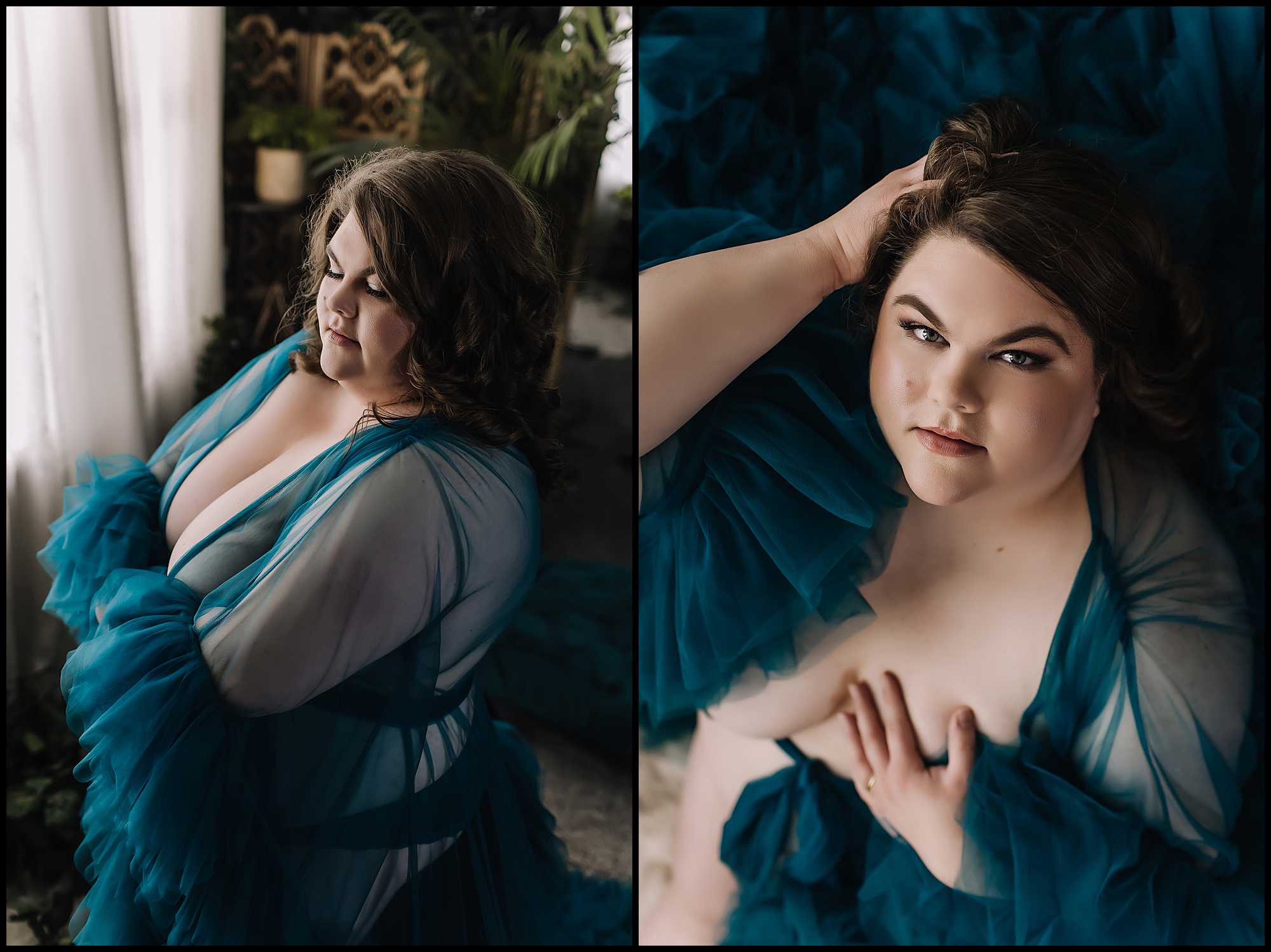 Beautiful brunette wearing teal tulle robe during her boudoir session.