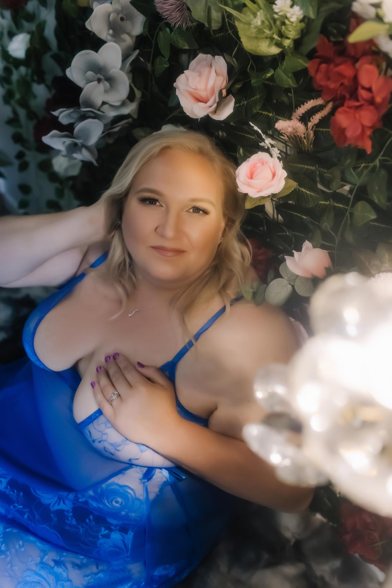 curvy blonde in bright blue lingerie curvy blonde in bright blue lingerie