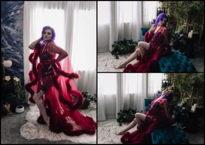 Woman in red vintage fur trimmed robe