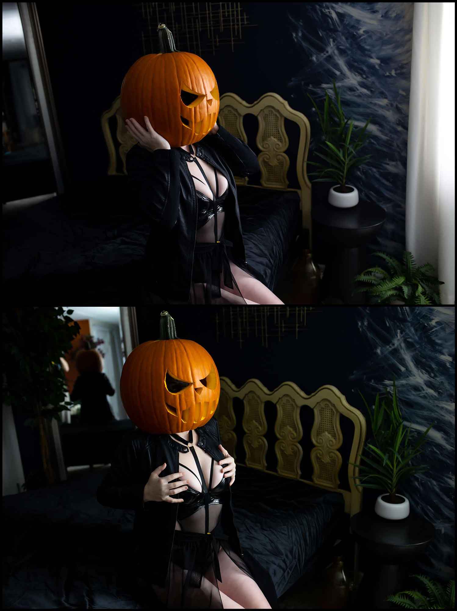 woman in lingerie with pumpkin on head