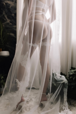 woman wearing bridal lingerie and veil